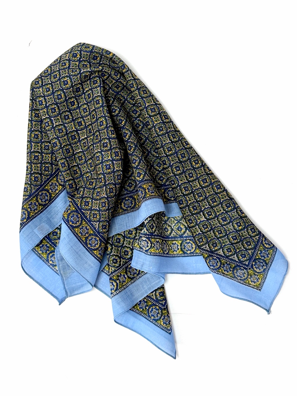 Nwot Glentex Square Scarf Virgin Wool Blue Geometric Medallion Print Japan